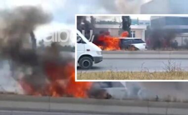 Fuoristrada shkrumbohet nga zjarri në autostradën Tiranë-Durrës (VIDEO)