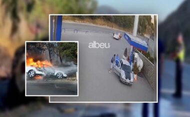 E frikshme, momenti kur makina shpërthen në flakë sapo del nga karburanti në Maliq (VIDEO)