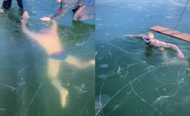 Aventura në liqenin e ngrirë, sportisti mbetet i bllokuar nën akullin e trashë (VIDEO)