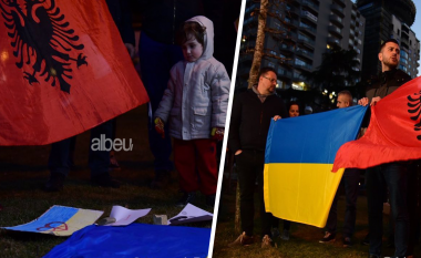 Shqiptarët solidarizohen me Ukrainën, protestë para Ambasadës Ruse në Tiranë (FOTO LAJM)