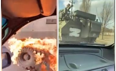 Momenti kur një grua hedh molotov nga makina e saj dhe “shkatërron” tankun rus (VIDEO)