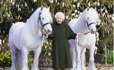Me rastin e ditëlindjes të 96-të Mbretëresha Elizabeth II pozon mes dy kuajve
