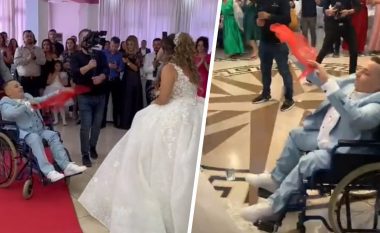 Që 3 vjeç në karrige me rrota, por asgjë nuk e ndaloi të riun nga Përrenjasi ta “ndizte” dasmën e së motrës (VIDEO)
