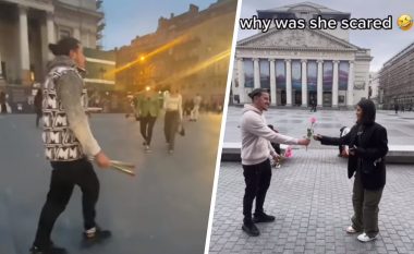 “Fitoj deri në 5 mijë euro”, shqiptari në Belgjikë le punën në ndërtim, i dhuron vajzave trëndafila në rrugë (VIDEO)