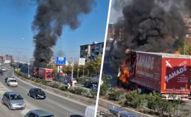 Përfshihet nga flakët kamioni në Tiranë (VIDEO)