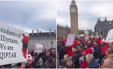“Kuq e Zi” dhe me këngë patriotike, shqiptarët protestojnë në Britani (VIDEO)