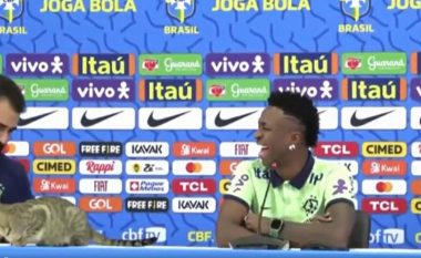 Macja “pushtoi” konferencën për shtyp të Vinicius Junior, braziliani shpërtheu në të qeshura (VIDEO)