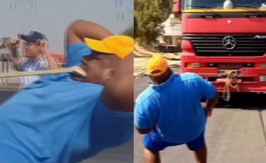 VIDEO/ “Hulku” egjiptian tërheq me gojë kamionin 15 tonësh