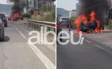 VIDEO/ Tymi i zi mbulon autostradën, merr flakë makina në “Tiranë-Durrës”