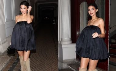 Kylie Jenner mahnit me një fustan të shkurtë pa rripa, për Javën e Modës në Paris