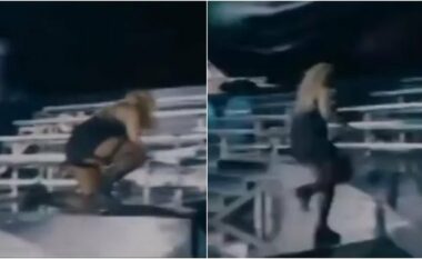 VIDEO/ I ngatërrohen këmbët gjatë performancës, këngëtarja shqiptare rrëzohet në mes të skenës