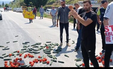 Fermerët në protestë, bllokojnë rrugën Berat-Lushnje, derdhin domatet e kastravecët në rrugë: Stop abuzimit me çmimet!