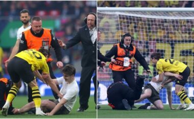 VIDEO / Tifozi vrapoi në fushë për rreth dy minuta, dalin pamjet se si ylli i Dortmundit e rrëzoi atë