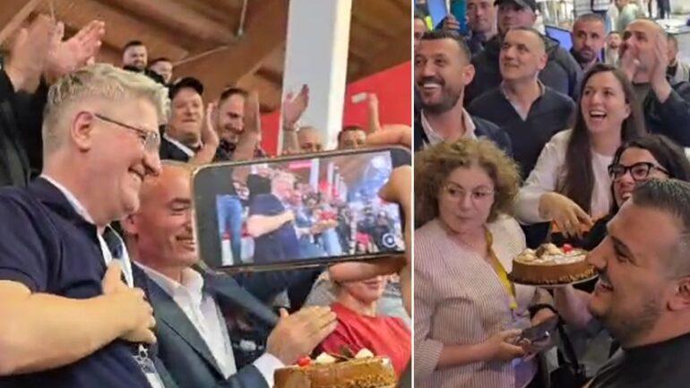 Feston 51-vjetorin e lindjes/ Socialistët surprizojnë Gjekmarkajn me tortë pas fitores në Lezhë, batuta dhe të qeshura mes tyre: Mos i keni hedhur helm!