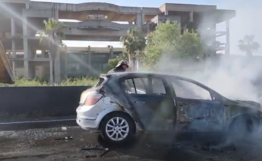 Aksident i shumëfishtë në autostradën Tiranë-Durrës, një automjet shkrumbohet nga flakët (VIDEO)