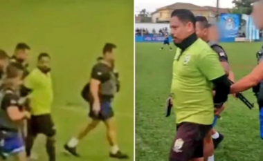 VIDEO / Futbollistët mbesin të shokuar kur policia futet në mes të ndeshjes dhe arreston gjyqtarin