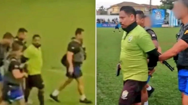 VIDEO / Futbollistët mbesin të shokuar kur policia futet në mes të ndeshjes dhe arreston gjyqtarin
