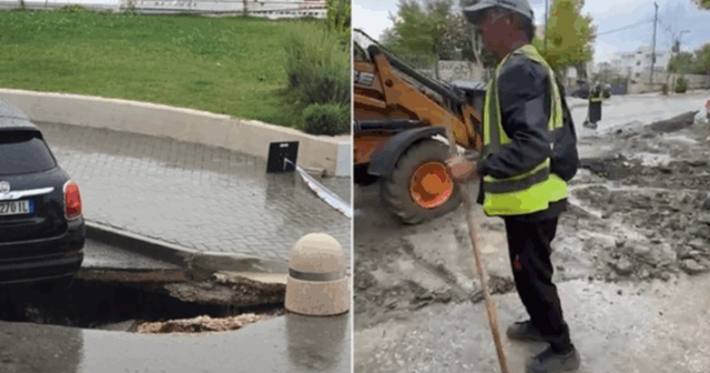 FOTO-LAJMI/ Moti i keq, hapet një gropë e madhe pranë tunelit të Ujit të Ftohtë në Vlorë