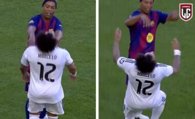 Ronaldinjo “përplaset” me Marselon në ndeshjen e legjendave të Barçës dhe Realit, shihni se çfarë ndodhi mes dyshes (VIDEO)