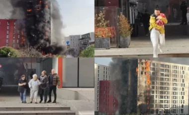 Momente tmerri në Tiranë/ Flakët përfshijnë pallatin, nëna largohet me foshnjën në duar për t’i shpëtuar zjarrit