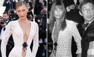 Bella Hadid në Kanë me një fustan të frymëzuar nga pamja e Jane Birkin në vitin 1969