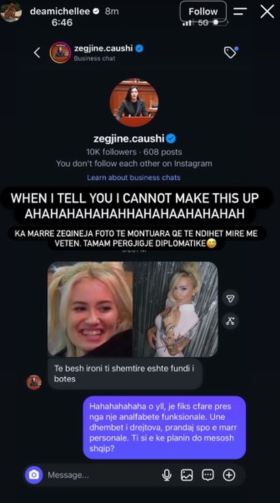 Dea Michelle i tha “analfabete”, Zegjine Çaushi i 