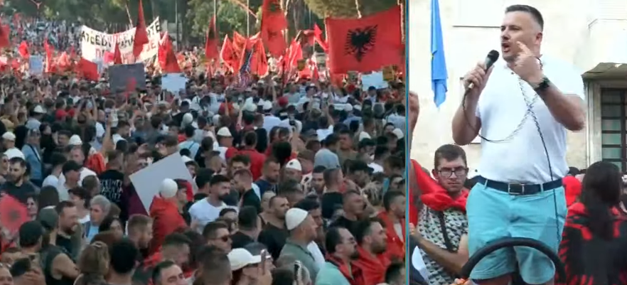  Pushtojini këta pengmarrës me fuqinë e Skënderbeut   Protestuesi nga diaspora rrëqeth me vargjet e Fishtës  Kthehuni shqiptarë  ta marrim fain në dorë