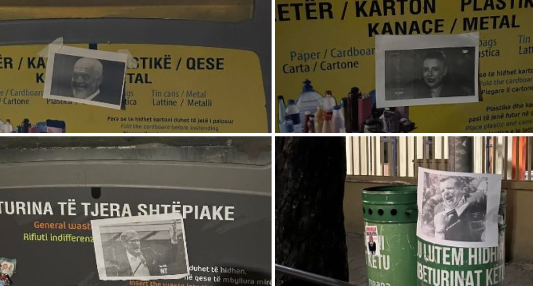 FOTO  Protestuesit i vendosin mbi kazanët e mbeturinave fotot e Ramës  Berishës dhe Ballukut