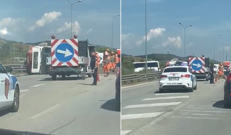 permbyset-kamioni-me-inerte-ne-aksin-elbasan-peqin-shpeton-mrekullisht-shoferi-veshtiresohet-trafiku